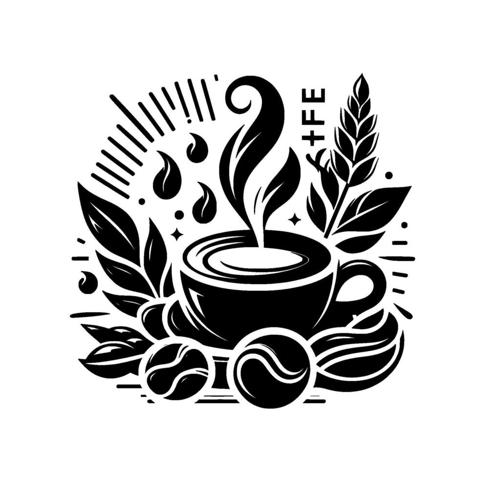 Stylized Black and White Coffee Illustration with a Cup, Steam, Beans, Leaves, and Wheat, Celebrating the Beverage. vector