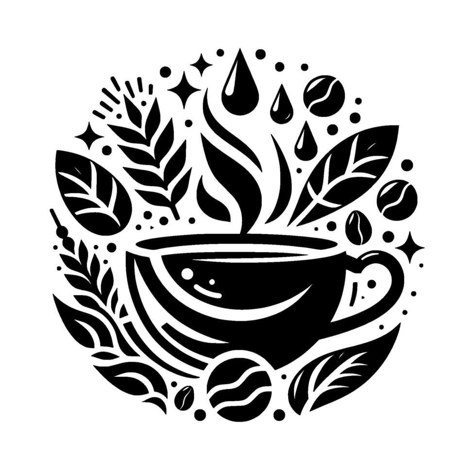 Black and white illustration of a stylized coffee cup encircled with botanical elements, steam, drops and stars, in a circular composition. vector