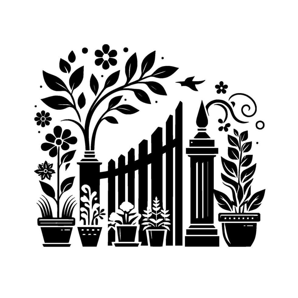 Stylized black and white garden illustration featuring a fence, potted plants, flowers, and a bird in minimalist . vector