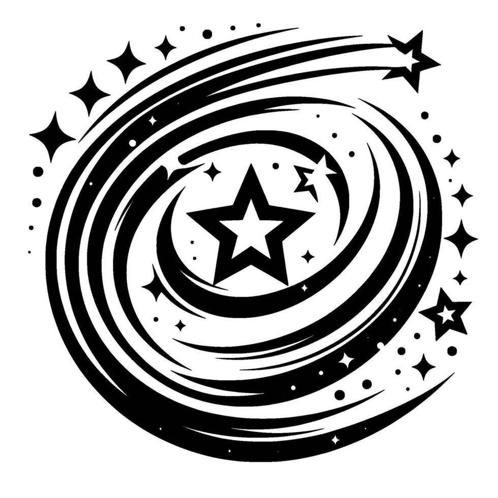 Abstract Black and White Illustration of a Star Vortex Swirling Lines and Stars, Creating Dynamic and Cosmic Energy. vector