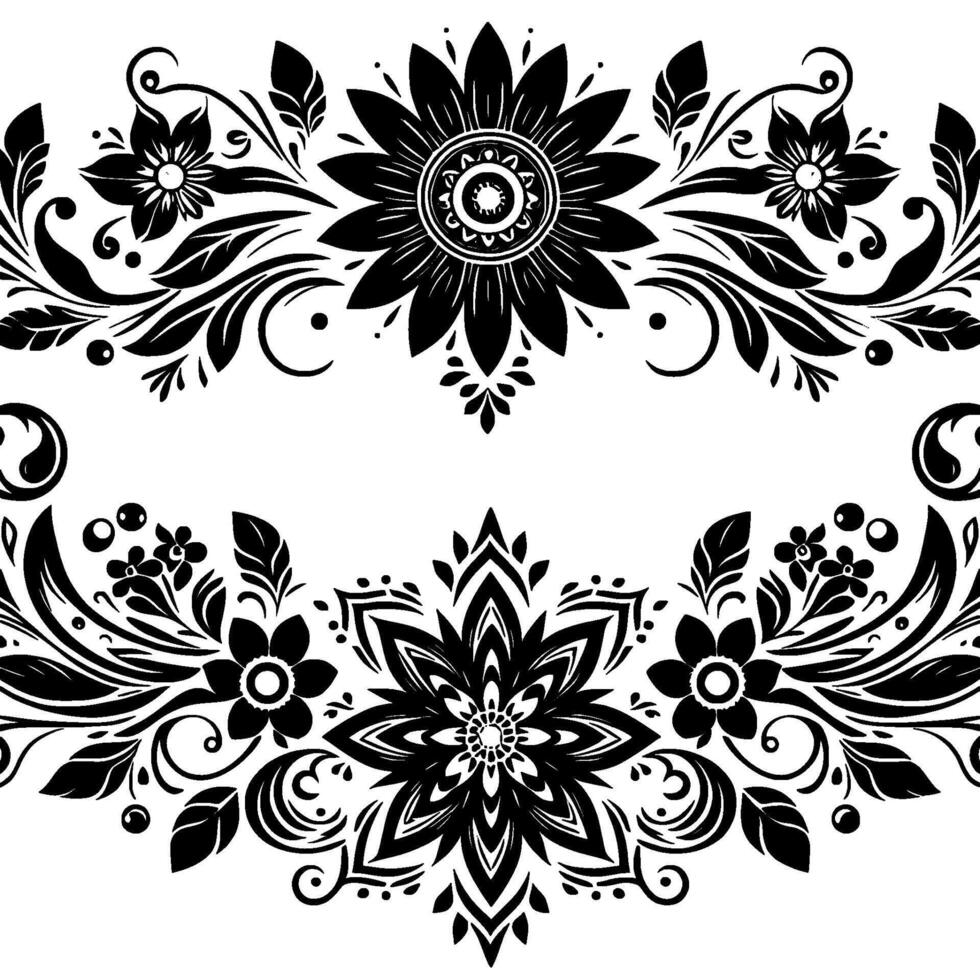 Symmetrical floral black and white decorative border with intricate details, featuring sunflowers and other stylized blossoms. vector