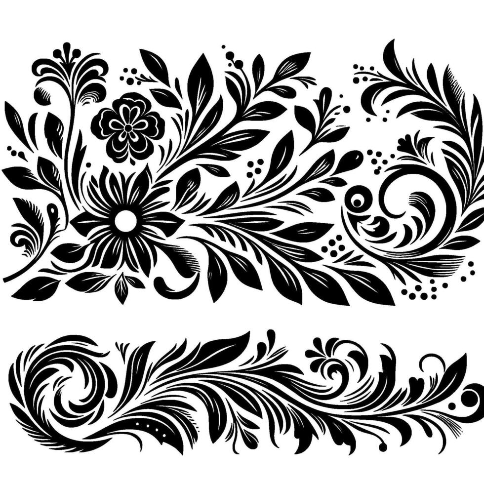 Elegant Black Floral Ornament Detailed, TwoTiered, Botanical on White Background, Featuring Swirls, Leaves, and Flowers. vector