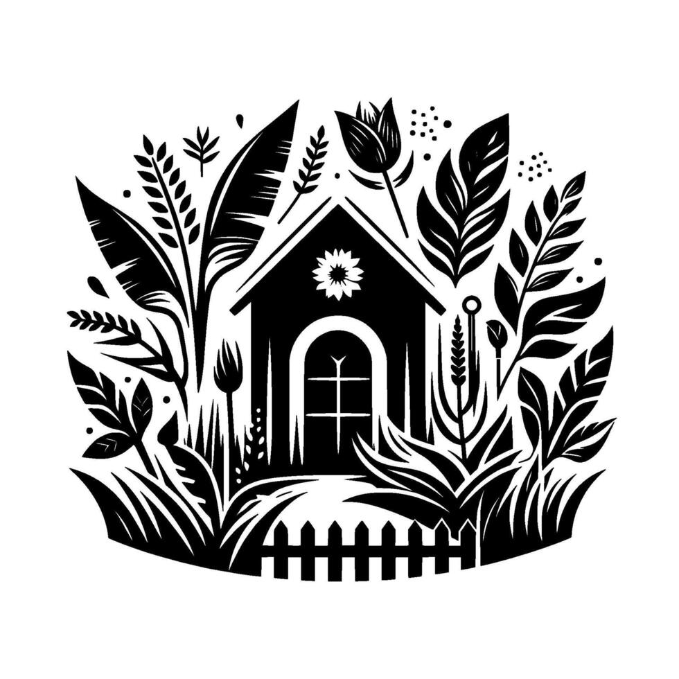 Monochromatic Garden Cottage A floral house with stylized plants and a picket fence, evoking simplicity and nature. vector