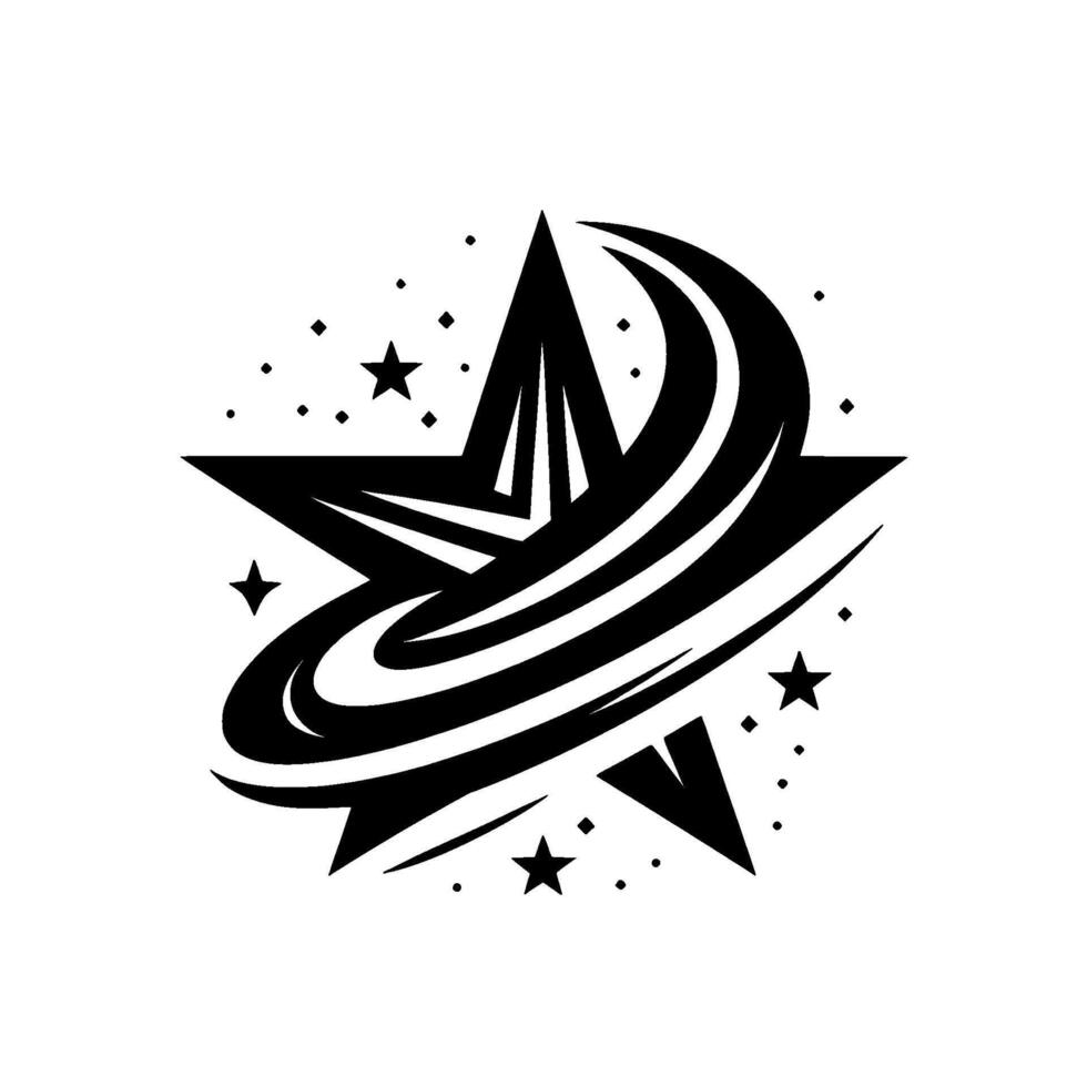 Dynamic Starburst Bold Black Star with Orbiting Swirls Scattered Stars on White, Modern . vector