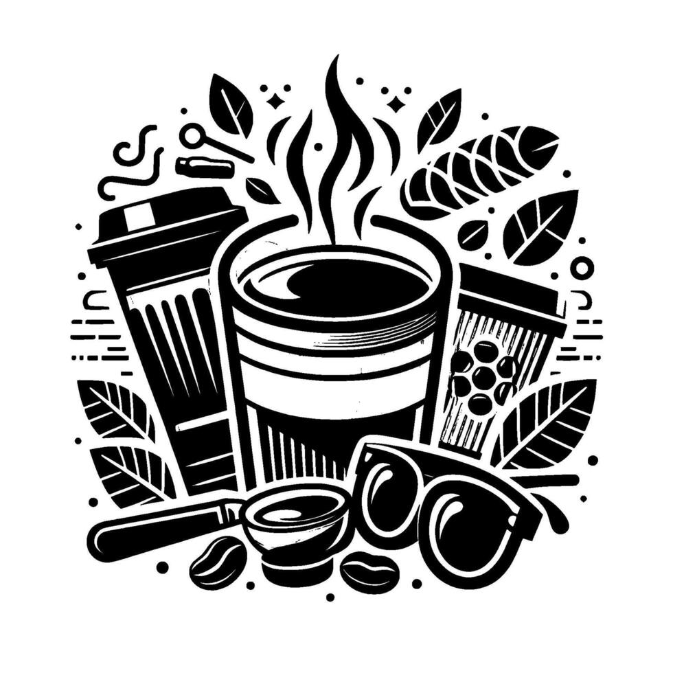 Monochrome Coffee Lovers Illustration Brewed Perfection, Leafy Accents, and Essential Accessories in a Stylish Composition. vector
