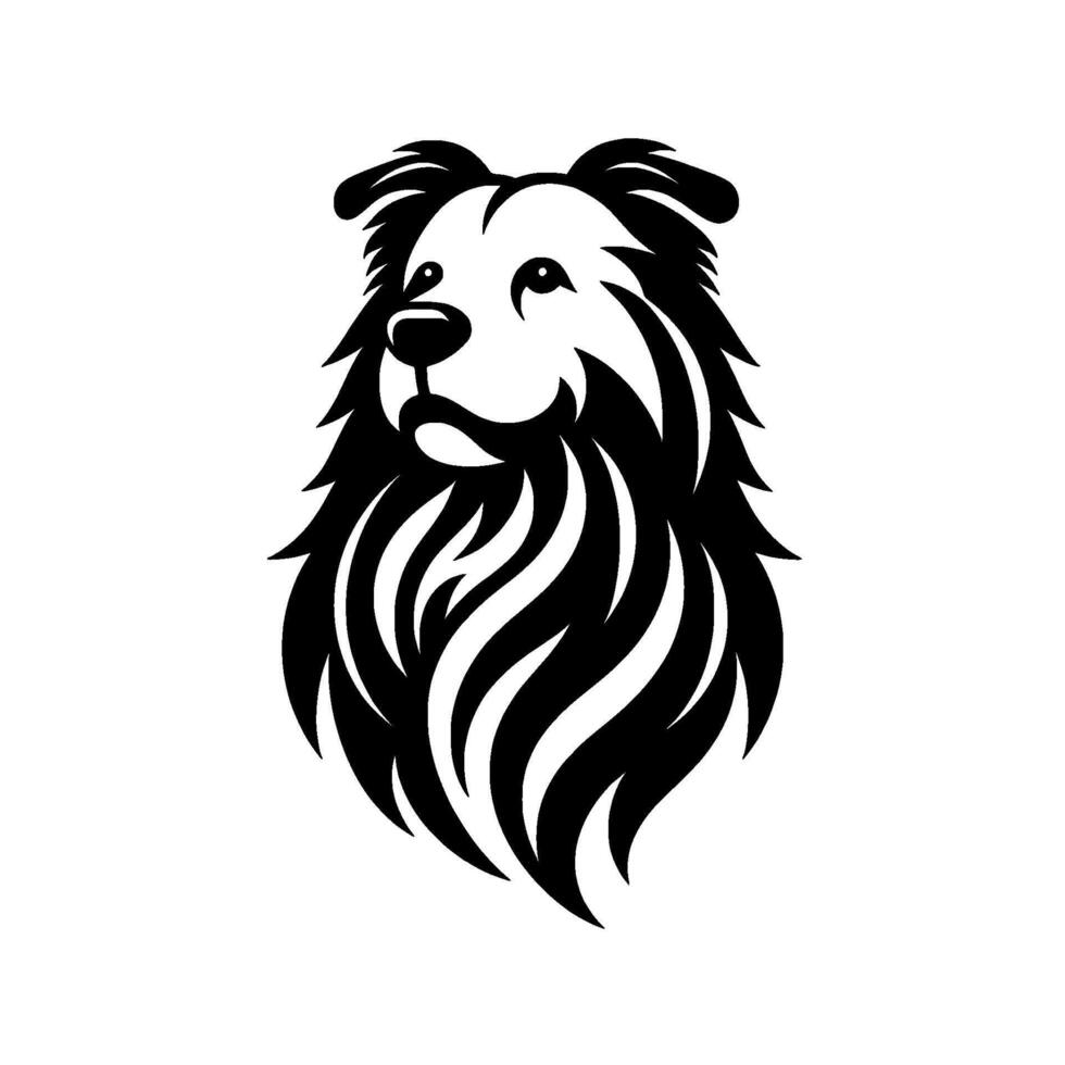 Stylized, highcontrast, black and white illustration of a border collie dogs head and chest, set against a blank white backdrop. vector