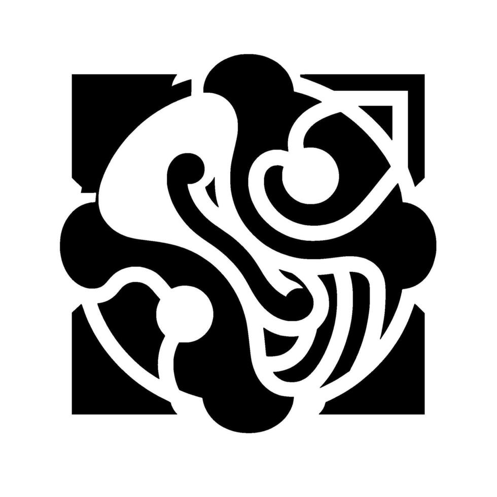 Abstract black and white symmetrical with swirling lines, geometric shapes, and a square frame, creating a modern and stylized aesthetic. vector