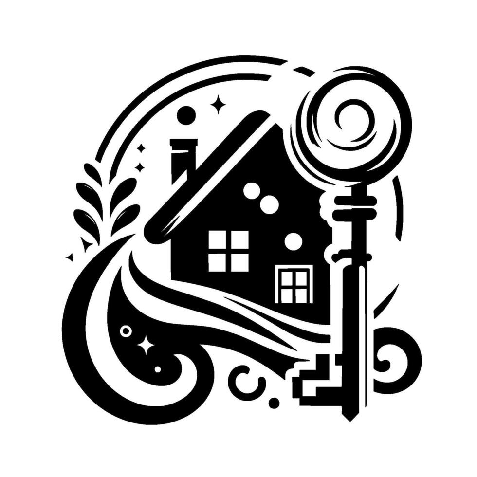 Black and White Illustration of a House and Key Symbolizing Homeownership, Real Estate, and Security. vector