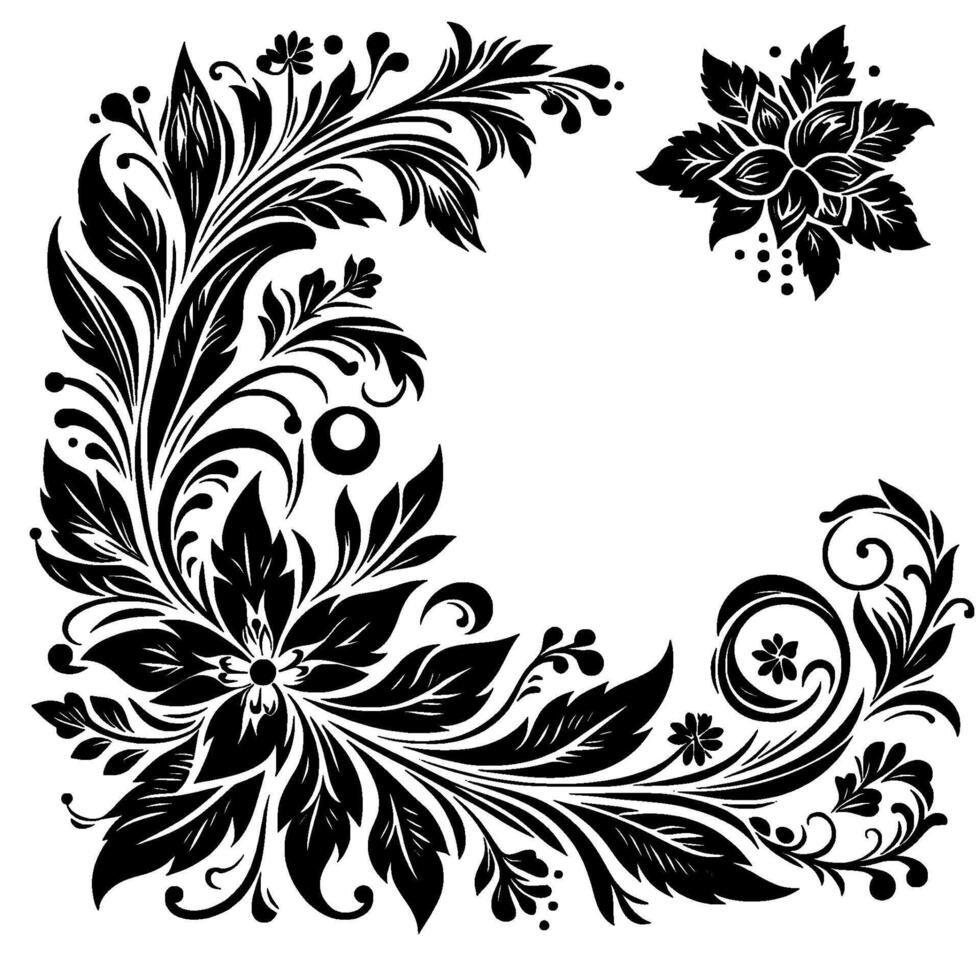 Elegant black floral corner border with ornate leaves, vines, and flowers, set against a stark white background, with a separate flower motif. vector