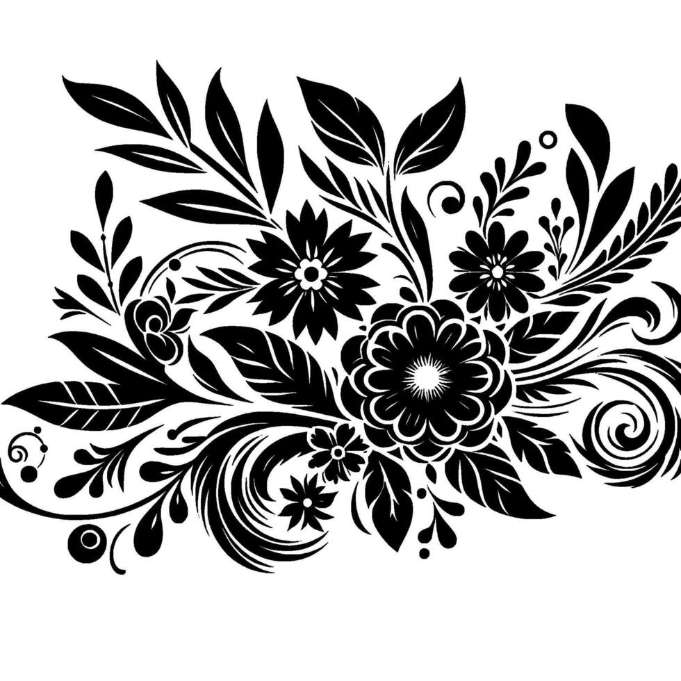 Elegant Black and White Floral with Various Flowers, Leaves, and Swirls, Featuring a Classic, Ornamental Composition. vector