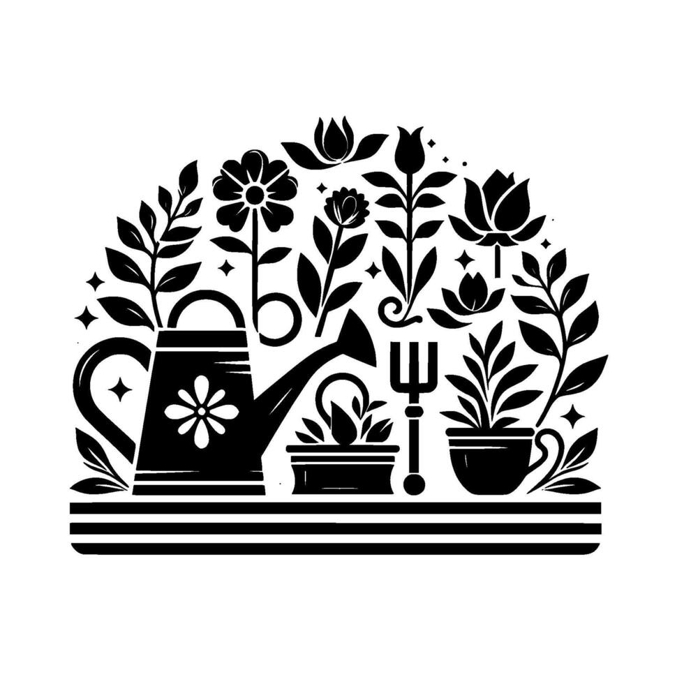 Decorative black and white garden illustration featuring a watering can, various flowers, plants, pots, a garden fork and ornamental foliage, all arranged on a striped shelflike platform. vector