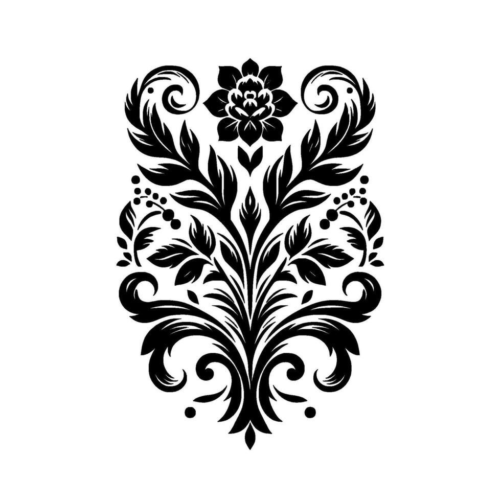 Intricate black and white floral damask , featuring a central flower surrounded by symmetrical leaves, swirls, and flourishes, against a clean white backdrop. vector