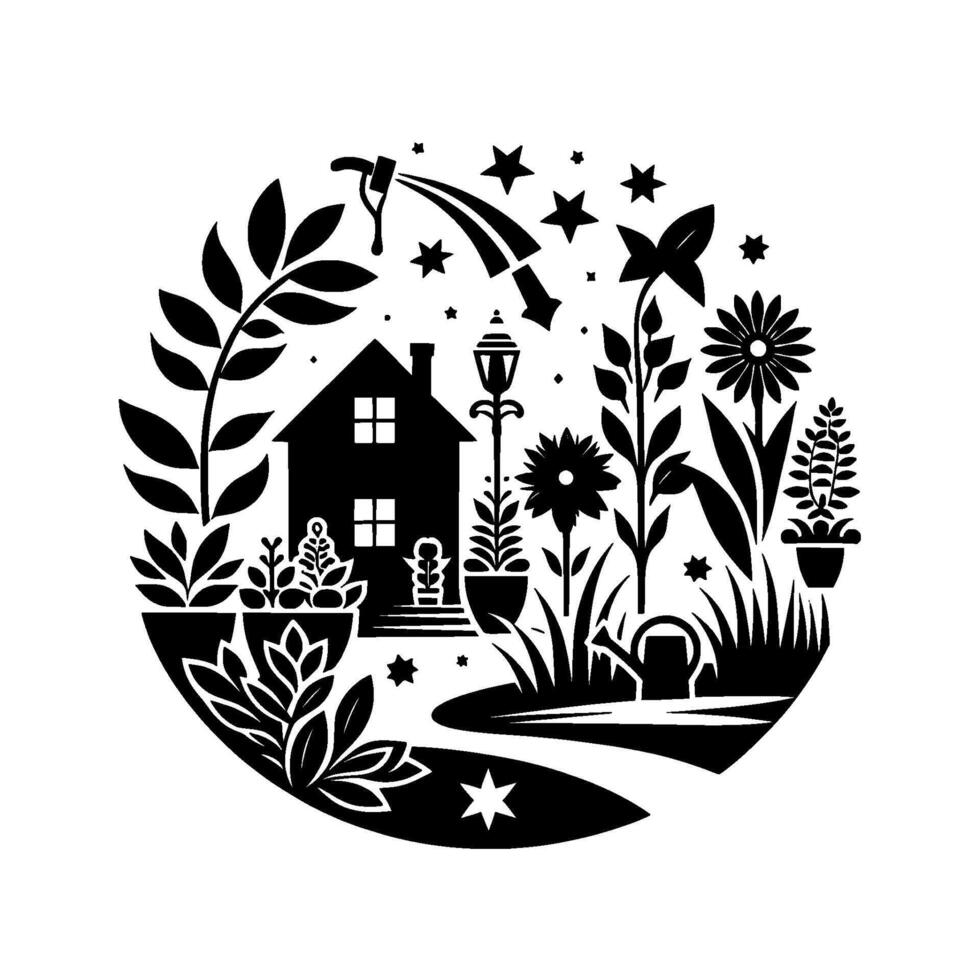 A Black and White Silhouette of a House and Garden, Featuring Flowers, Stars, and a Watering Hose. vector