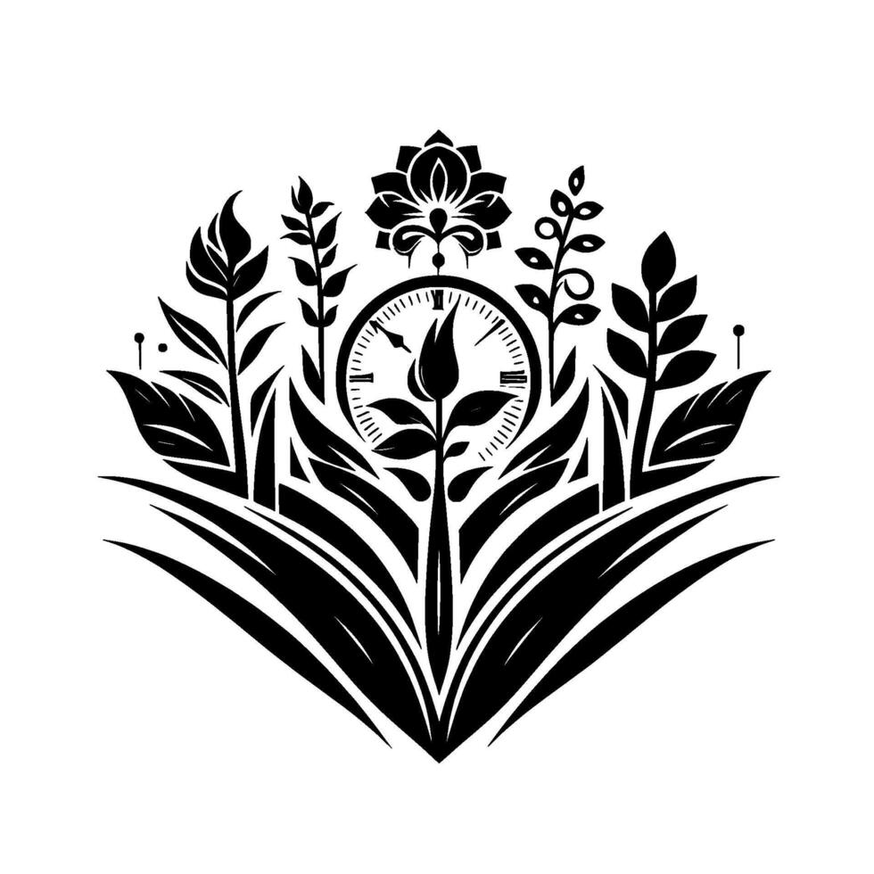 Elegant Black White Floral Timepiece Symbolic Harmony of Nature and Time, featuring a clock face encircled by stylized plant life. vector