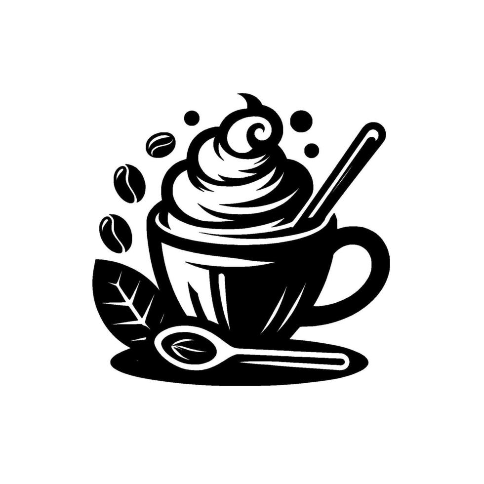 Artistic Black and White Illustration of Coffee Cup with Whipped Cream, Coffee Beans, Leaf, Spoon Bubbles vector
