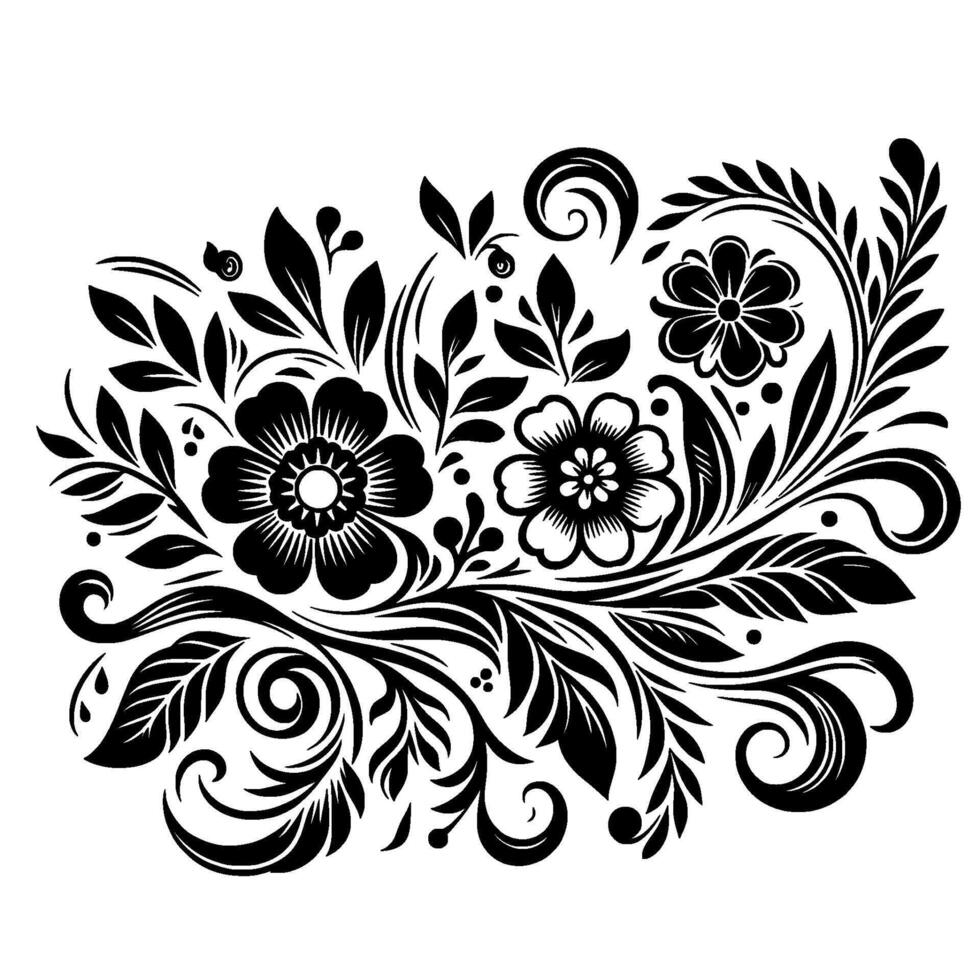 Intricate black and white floral pattern with stylized blossoms, leaves, and ornamental swirls on a white background. vector