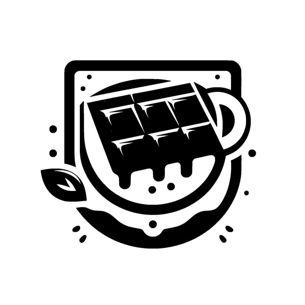 Minimalist illustration of a glossy, dark chocolate bar on a plate with a coffee cup element, surrounded by stylized drips, dots, and a leaf, on white background. vector