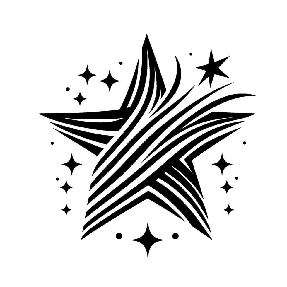 Striking Black and White Starburst with Textured Lines and Scattered Geometric Star Accents on a White Background. vector