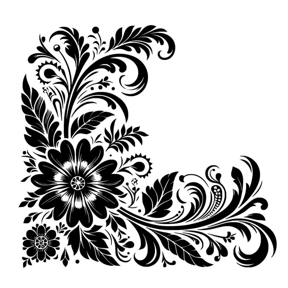 Elegant Black and White Floral Corner with Intricate Leafy Vines and Detailed Flower Motifs. vector