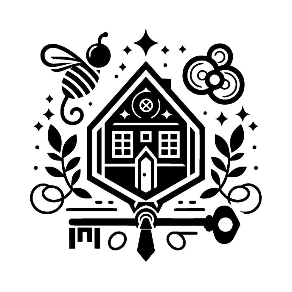 Black and white geometric illustration of a houseshaped emblem with bee, key, stars, and floral elements, symbolizing home. vector