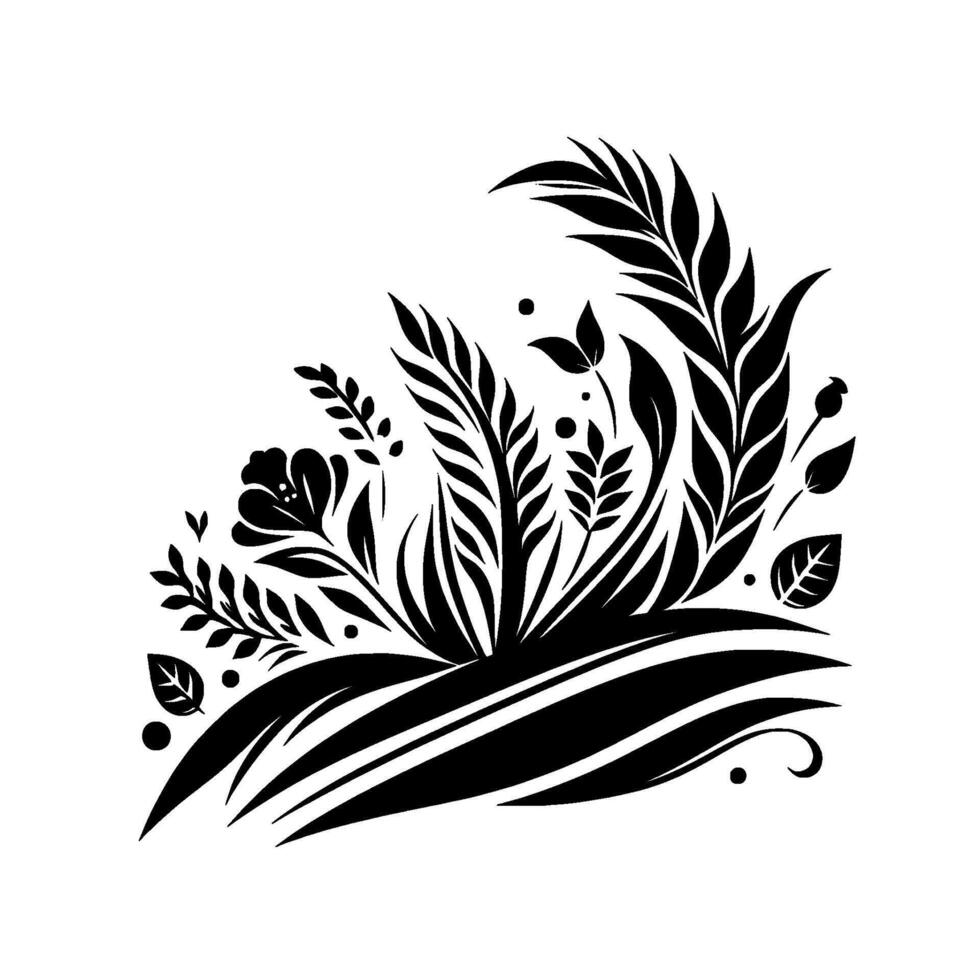 Black and White Floral Silhouette A stylized illustration of diverse plant forms and blossoming details arranged in an artistic corner composition. vector