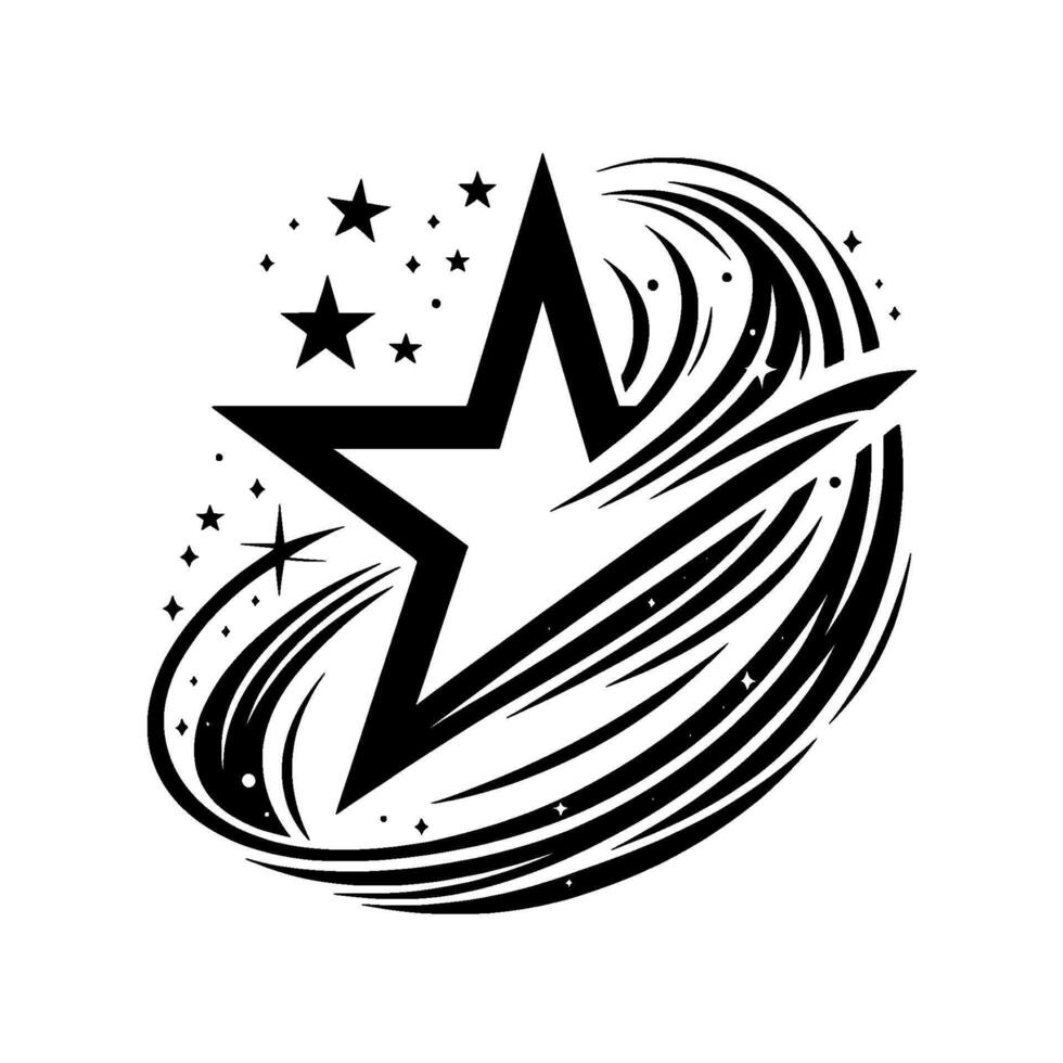 Black and White Starburst Bold Star Surrounded by Swirling Lines and Sparkling Stars, Against White vector