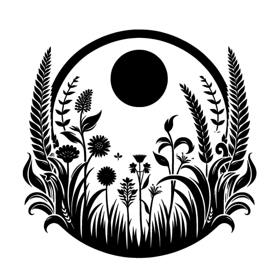 Elegant blackandwhite minimalist botanical illustration, featuring an enclosed garden with detailed floral and fauna silhouettes under a circular sun. vector
