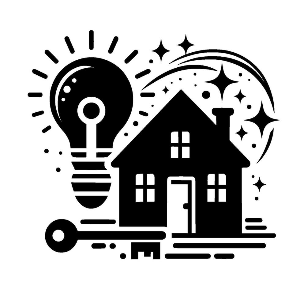 Black and white illustration depicting a house, lightbulb, and key, symbolizing ideas for home ownership and security. vector