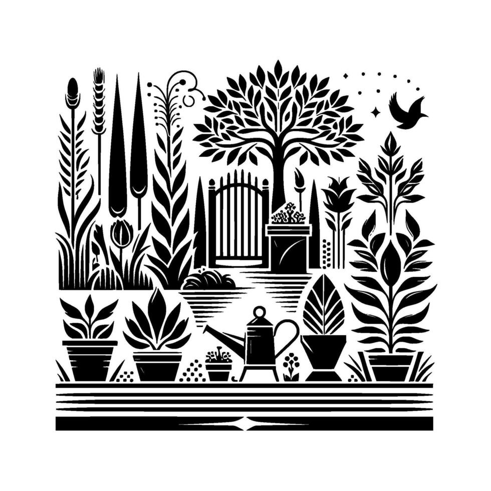 Elegant Black and White Garden Illustration A stylized depiction of a serene garden scene with intricate plant silhouettes, a decorative gate, a watering can, and a flying bird under the night sky. vector