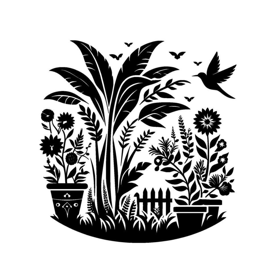 Black and White Garden Silhouette Potted Plants, Flowers, Fence, Birds, and Foliage Compose a Serene, Illustration. vector
