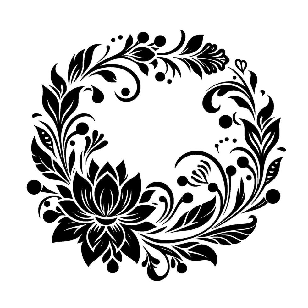 Intricate Black Floral Wreath LotusCentered, Stylized Leaves, Dots, and Spirals on White Background vector