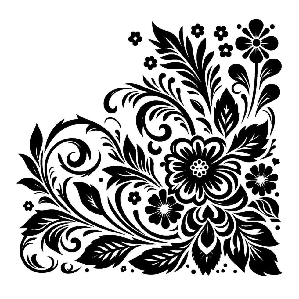 Intricate black and white floral corner with stylized blossoms, leaves, and curling tendrils, evoking elegance and sophistication. vector