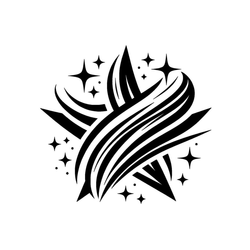 Abstract Black Starburst with Swirling Lines and Twinkling Star Icons on a White Background. vector