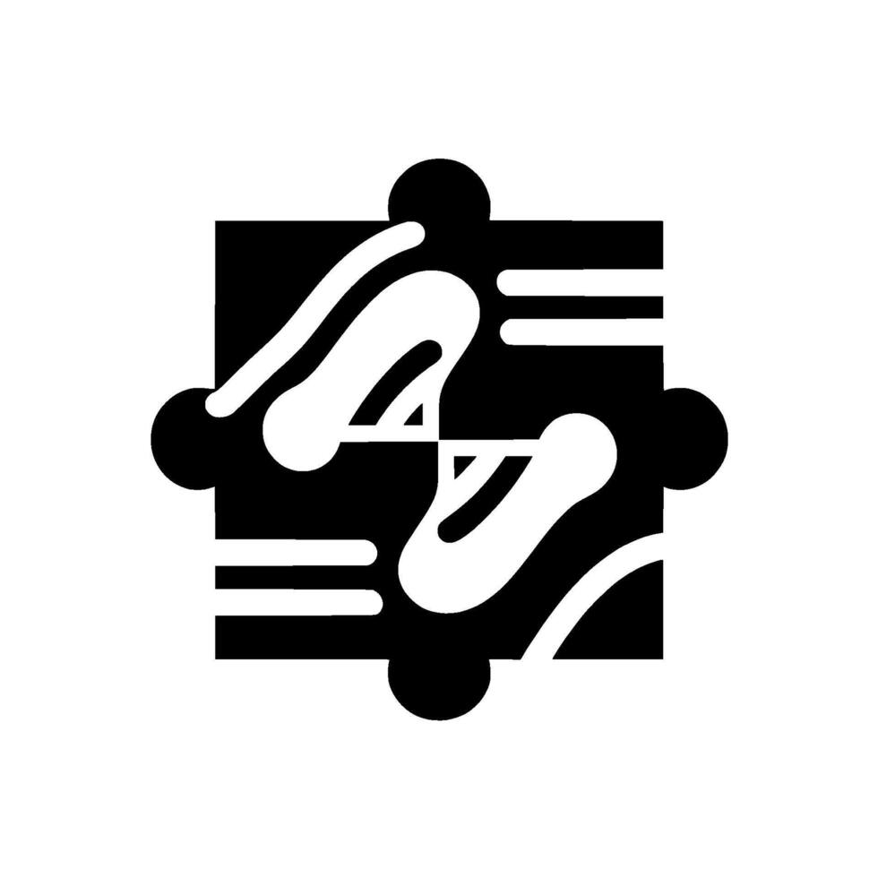 Abstract geometric composition featuring a square divided into four parts with connecting curved shapes, circles, and lines in black and white. vector