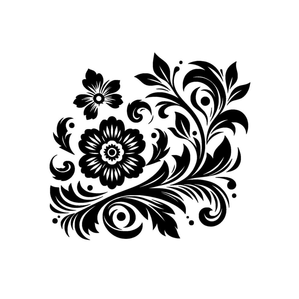 Exquisite Black Floral Corner with Detailed Petals, Leaves, Swirls on White Background, Perfect for Decorative Elements. vector