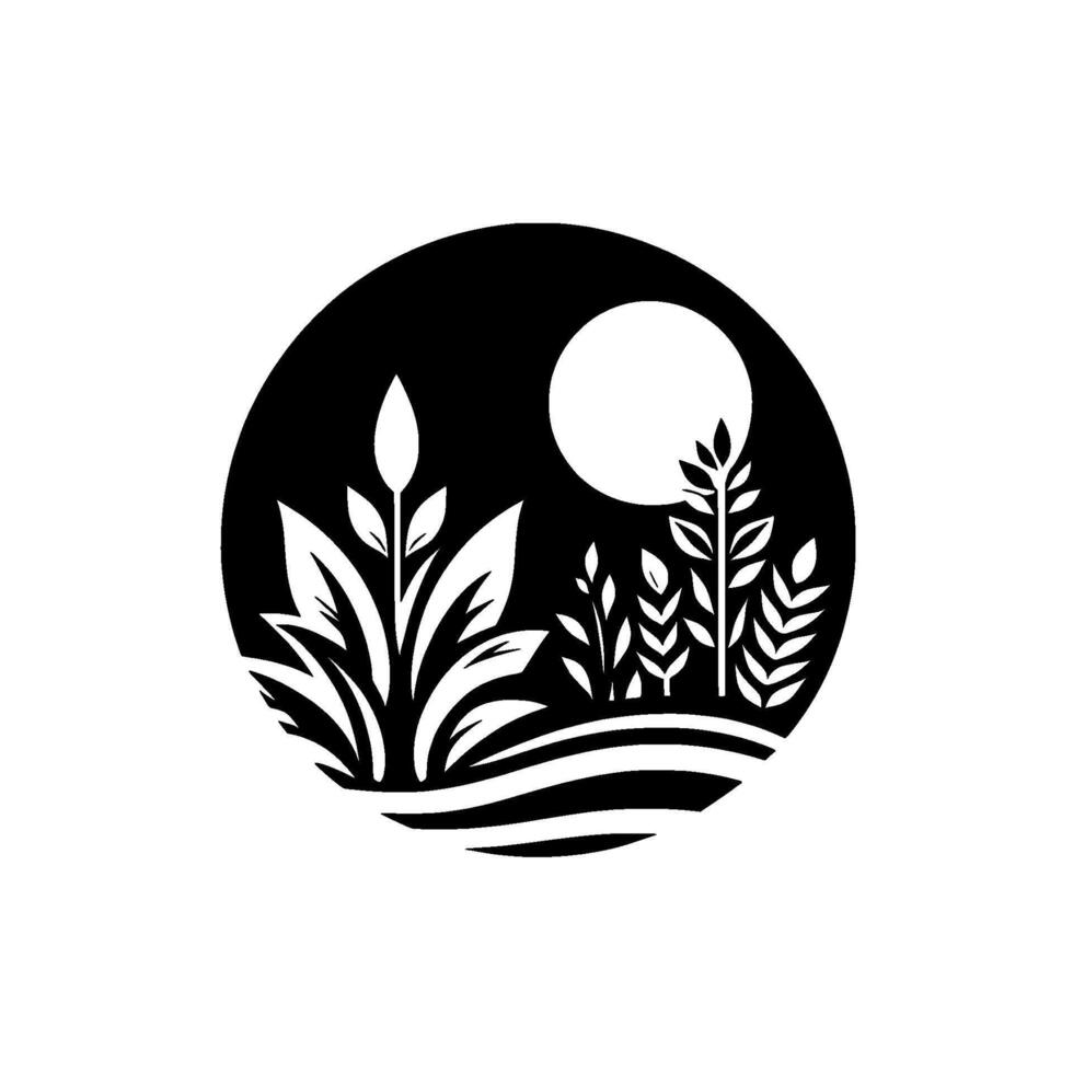 Minimalist Black and White Round Composition of Plants and Sun, Evoking Nature and Serenity. vector