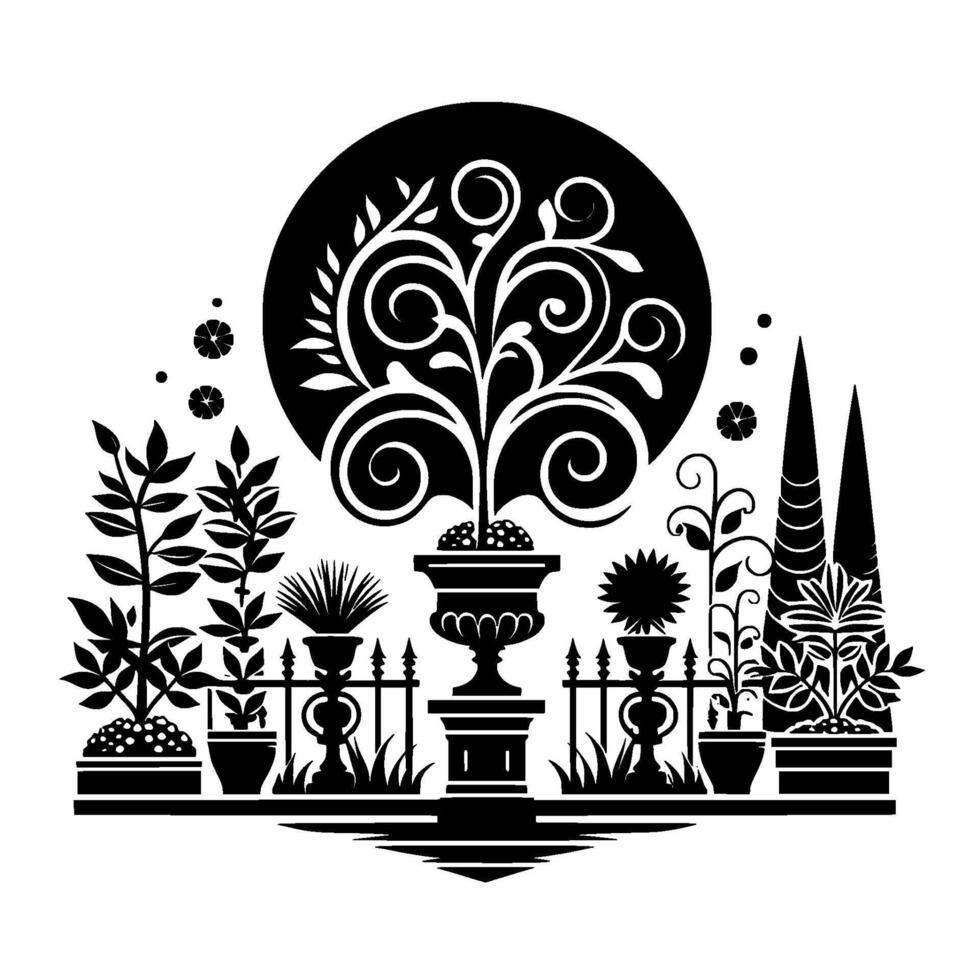 Ornate Black and White Garden Scene Potted Plants, Fence, and Swirling Tree Silhouette Against a Black Circle Backdrop. vector