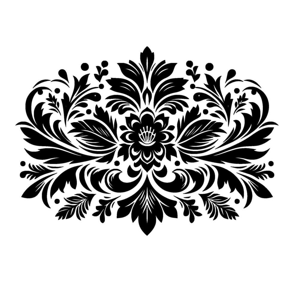 Symmetrical Black Floral with Intricate Leaf and Swirl Motifs on White Backdrop, a Modern Baroque Ornament. vector