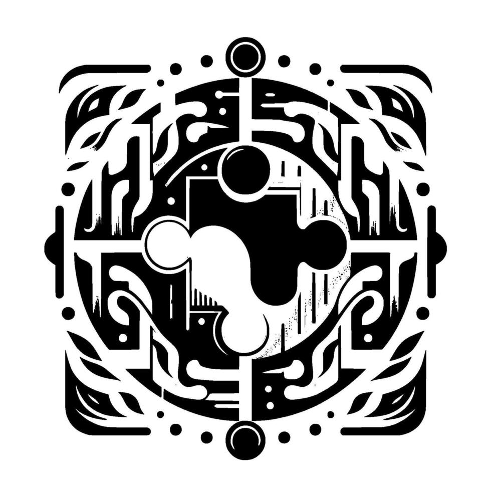 Intricate symmetrical black and white geometric with puzzle piece at its center, with a complex pattern and circular elements. vector