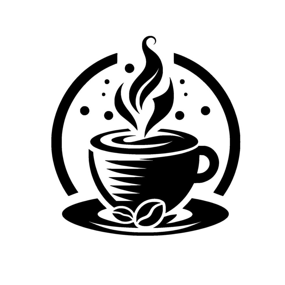 Stylized Black White Coffee Steaming Cup on Saucer, with Coffee Beans, Surrounded by a Circular Frame, and Dots. vector