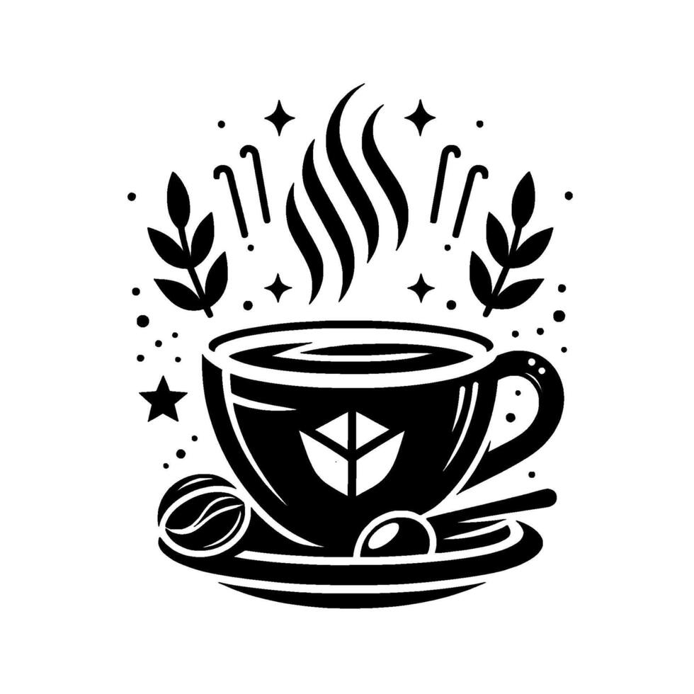 Black and White Minimalist Coffee Cup with Steam, Starry Accents, Leaves, and Coffee Bean on a Saucer in Art Style. vector