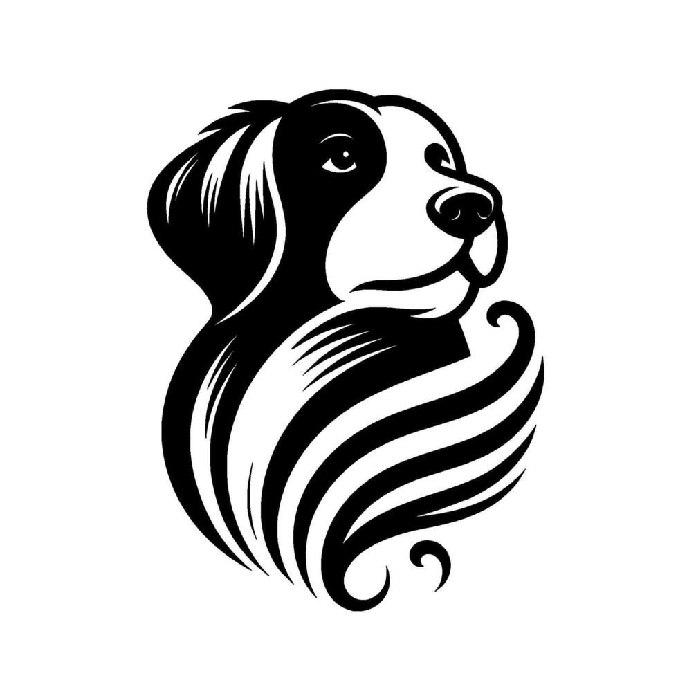 Elegant Black and White Dog Portrait Minimalist Silhouette of a Border Collielike Breed, Expressive Gaze, Stylized Swirls. vector