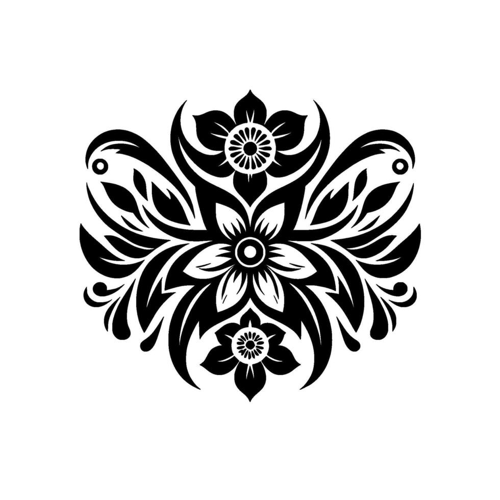 Symmetrical floral in black and white, featuring stylized flowers, leaves and ornate detailing on a stark white background. vector