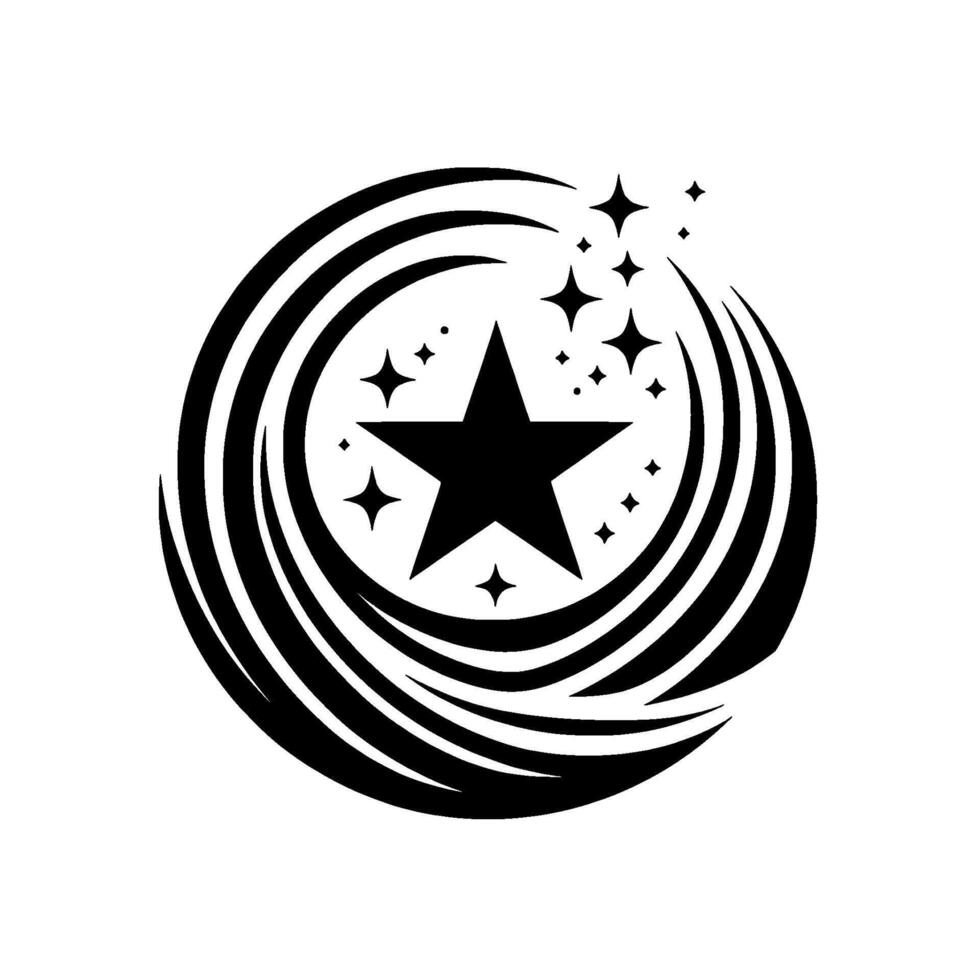 Bold black star encompassed by swirling crescentshaped lines and scattered star bursts on a crisp white background, creating a dynamic, modern . vector