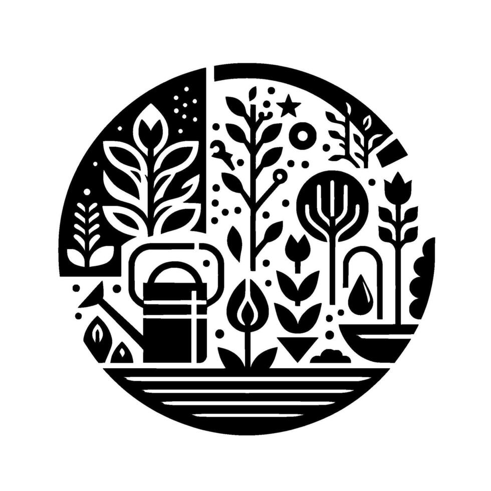 Black and white circular illustration featuring stylized plants, watering can, and gardening elements, suggesting growth and nature. vector