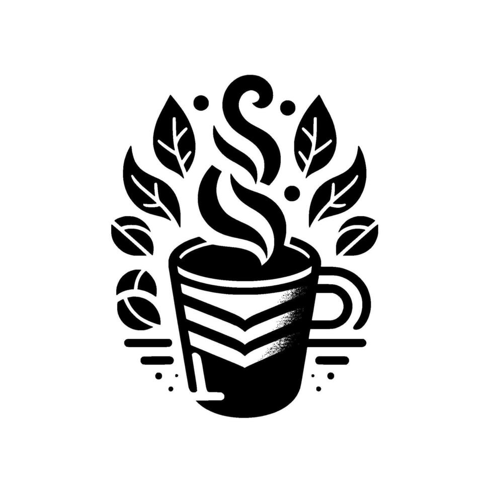 Stylized Black White Coffee Cup with Leaf and Steam Motif, Modern Minimalist Illustration, for Cafe Branding or Beverage . vector