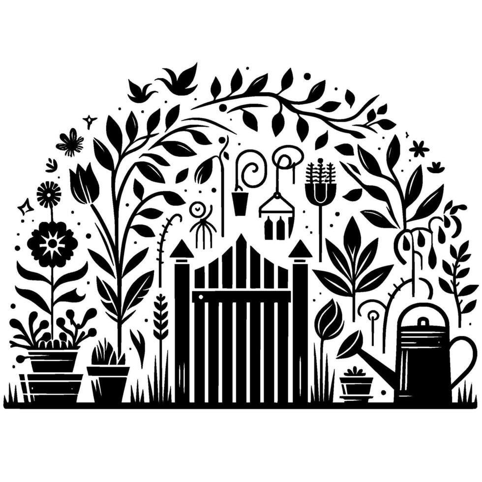 Stylized Black White Garden Scene Flowers, Fence, Watering Can, Plants, Decorative Elements in a Symmetrical Composition. vector