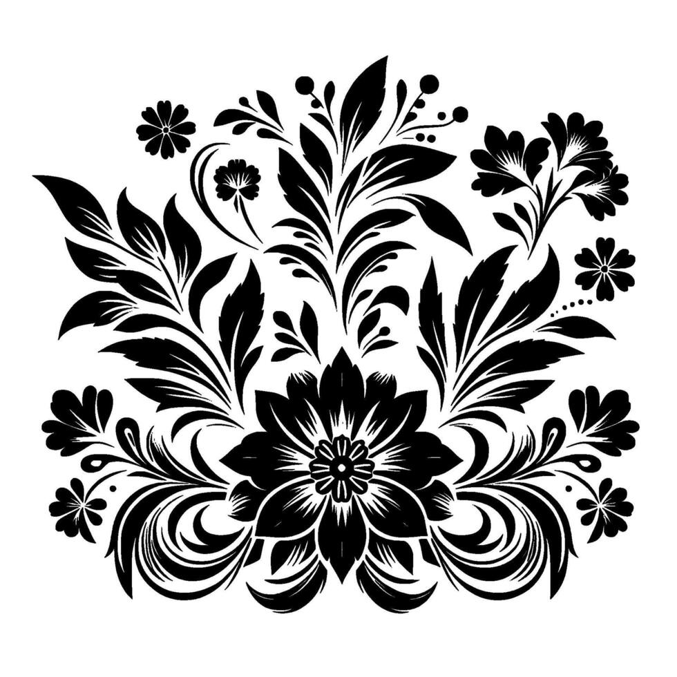Ornate Black Floral on White Background Symmetrical Decorative Arrangement of Flowers, Leaves, and Vines. vector