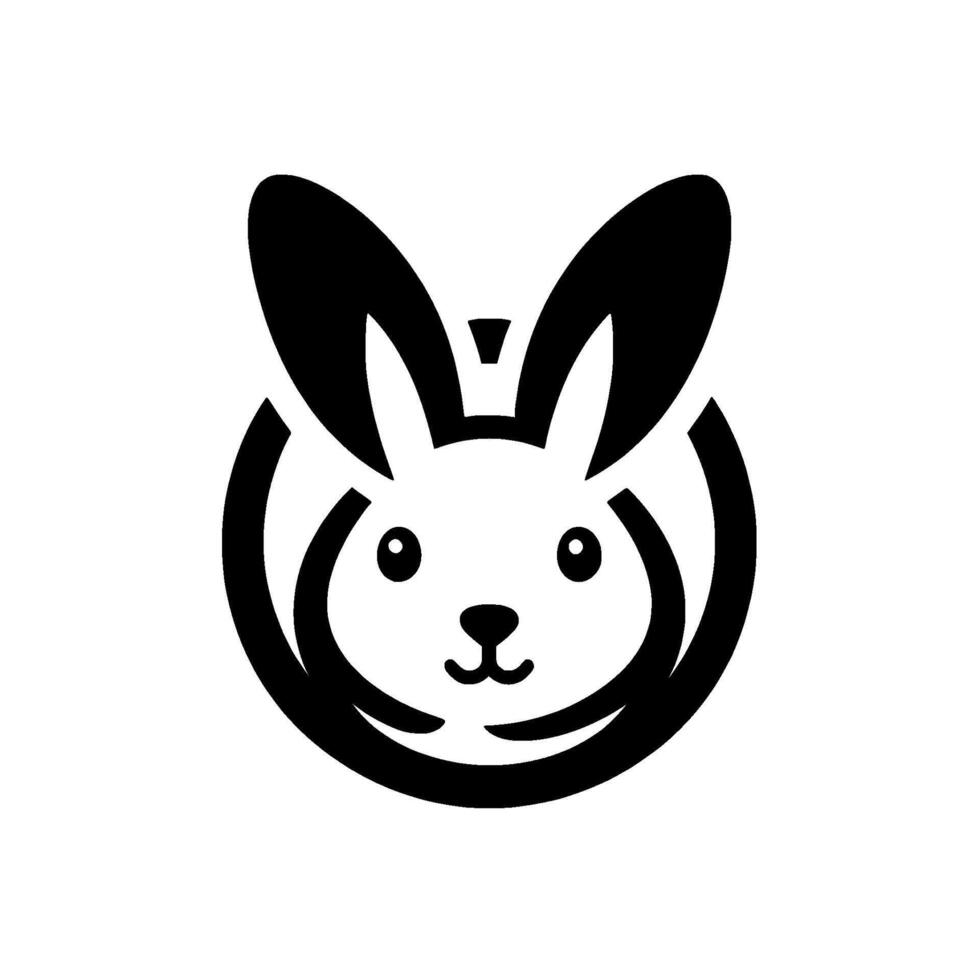 Minimalist, Black and White Illustration of a Cute Rabbit Head, Enclosed in a Circular, Abstract Frame, on a Pure White Background vector