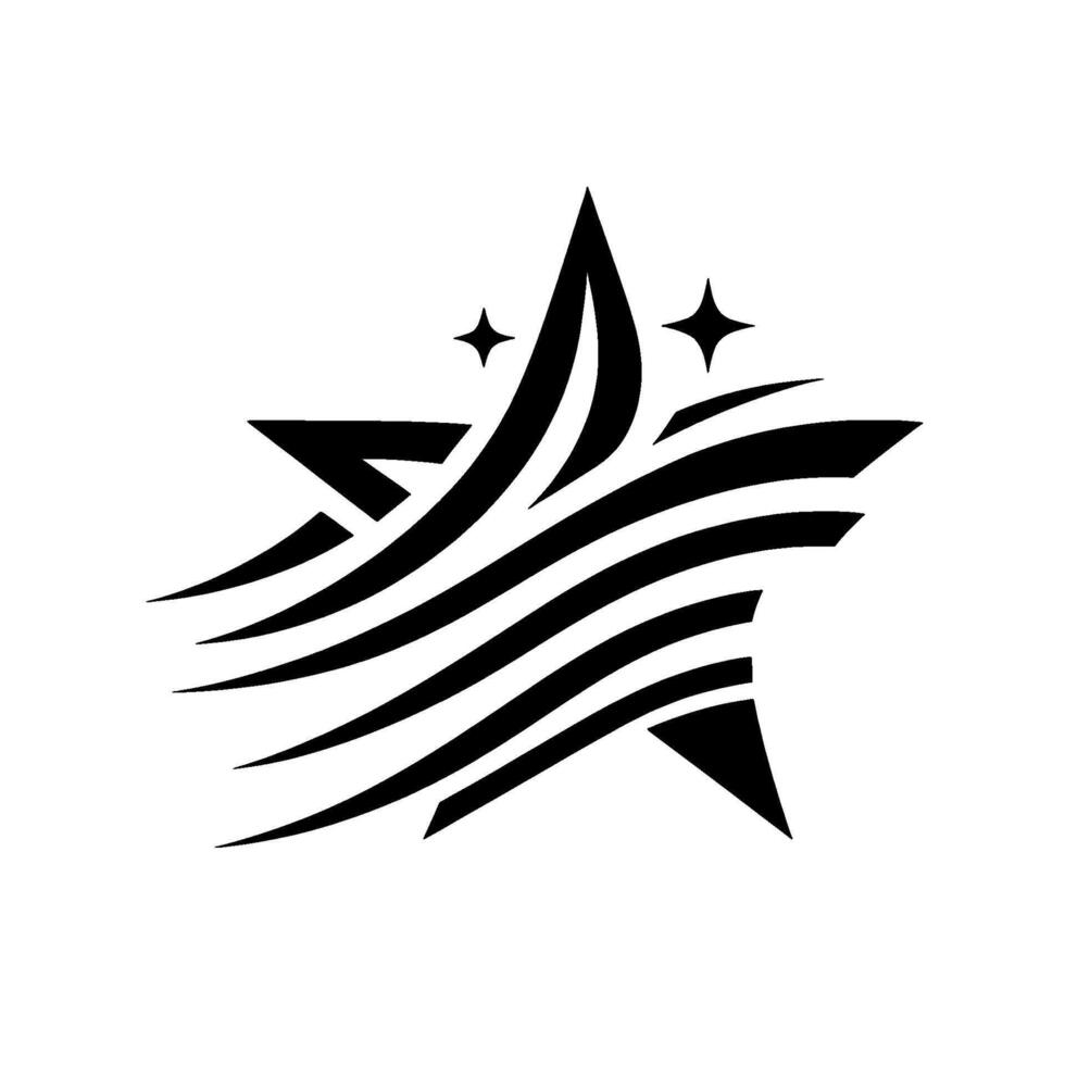 Abstract black and white stylized star with elegant flowing lines, radiating ambition and aspiration, on a white backdrop. vector